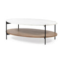 Larkin 48 Oval White Marble Top and Solid Wood Shelf w Black Metal Frame Coffee Table - Default Title