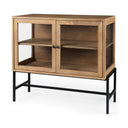 Arelius 36L x 18W x 32H Light Brown Wood Black Metal Base w 2 Glass Doors Accent Cabinet - Default Title