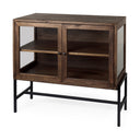 Arelius 36L x 18W x 32H Medium Brown Wood Black Metal Base w 2 Glass Doors Accent Cabinet - Default Title