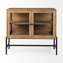 Arelius 36L x 18W x 32H Light Brown Wood Black Metal Base w 2 Glass Doors Accent Cabinet - Default Title