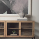 Arelius 70L x 1875W x 32H Light Brown Wood Black Metal Base w 4 Glass Cabinet Doors Sideboard - Default Title
