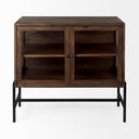 Arelius 36L x 18W x 32H Medium Brown Wood Black Metal Base w 2 Glass Doors Accent Cabinet - Default Title