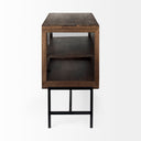 Arelius 36L x 18W x 32H Medium Brown Wood Black Metal Base w 2 Glass Doors Accent Cabinet - Default Title