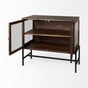 Arelius 36L x 18W x 32H Medium Brown Wood Black Metal Base w 2 Glass Doors Accent Cabinet - Default Title