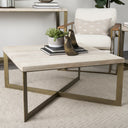 Faye 34L x 34W x 17H Beige Finished Wood WGold Metal Base Square Coffee Table - Default Title