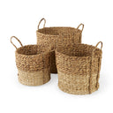 Morocco 157L x 157 Set of 3 Brown Two Tone Water Hyacinth and Cornhusk Round Basket W Handles - Default Title