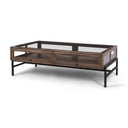 Arelius Rectangular Glass-Top Medium Brown Wood w Black Metal Base Display Coffee Table - Default Title
