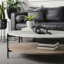 Larkin 48 Oval White Marble Top and Solid Wood Shelf w Black Metal Frame Coffee Table - Default Title