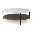 Larkin 42 Round Two-Tier White Marble Top and Solid Wood Shelf w Black Metal Frame Coffee Table - Default Title
