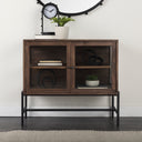 Arelius 36L x 18W x 32H Medium Brown Wood Black Metal Base w 2 Glass Doors Accent Cabinet - Default Title