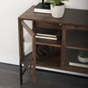 Arelius 36L x 18W x 32H Medium Brown Wood Black Metal Base w 2 Glass Doors Accent Cabinet - Default Title