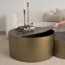 Eclipse Antique Brass Metal Drum Base w Dark Brown Wood Top Nested Coffee Table - Default Title