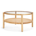Weslyn Solid Light Brown Wood and Glass Top w Cane Coffee Table - Default Title