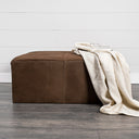 Minara 36 Square Brown Leather Wrapped wWood Base Ottoman - Default Title