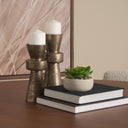 Odilia Large Textured Antiqued Gold Metal Geometric Pillar Candle Holder - Default Title