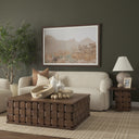 Oxbury 48 Dark Brown Wood w Carved Woven Base Square Coffee Table - Default Title